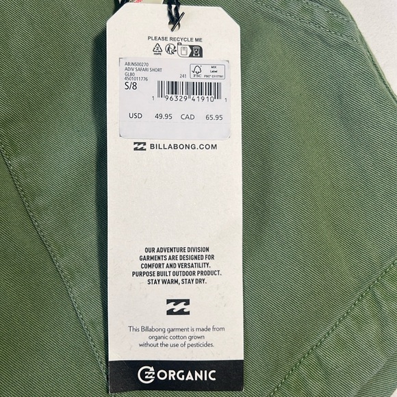 Billabong Small Shorts A/Div Safari Cloud Forest Green 100% cotton pockets NWT - Picture 10 of 10